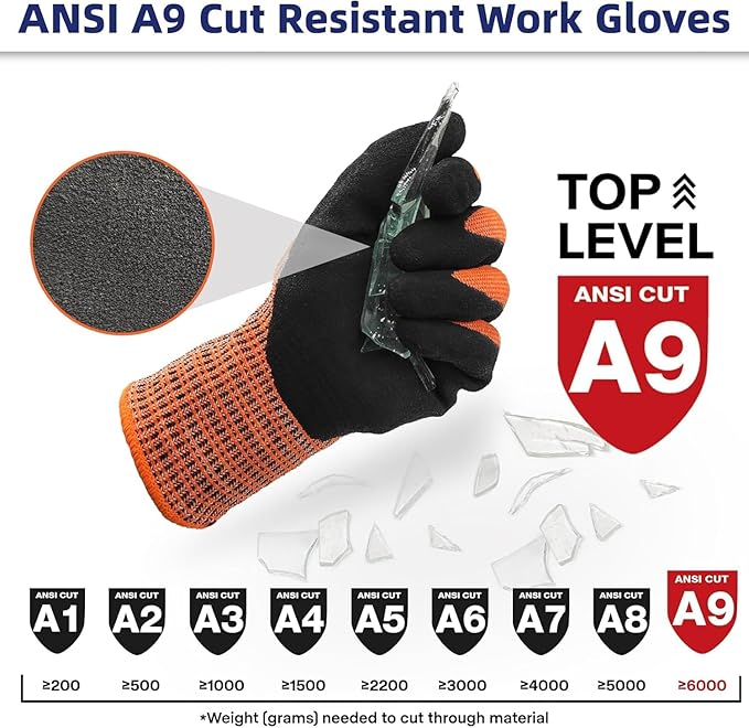 Schwer ProGuard Highest Level Cut Resistant Work Gloves PR3326 for Extreme Protection, ANSI A9 Cut Gloves with Reinforced Thumb, Non Slip, Non PFAS, Durable, Touch-screen, Orange 2 Pairs（M）