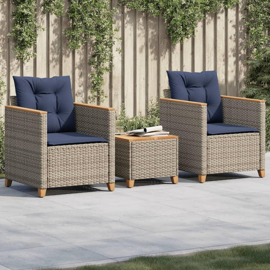 KUPTYERFG 3 Piece Outdoor Bistro Set, Grey PE Rattan Patio Conversation Set with Navy Cushions and Square Wood Table, Small Space Dining Furniture for Balcony, Yard and Porch