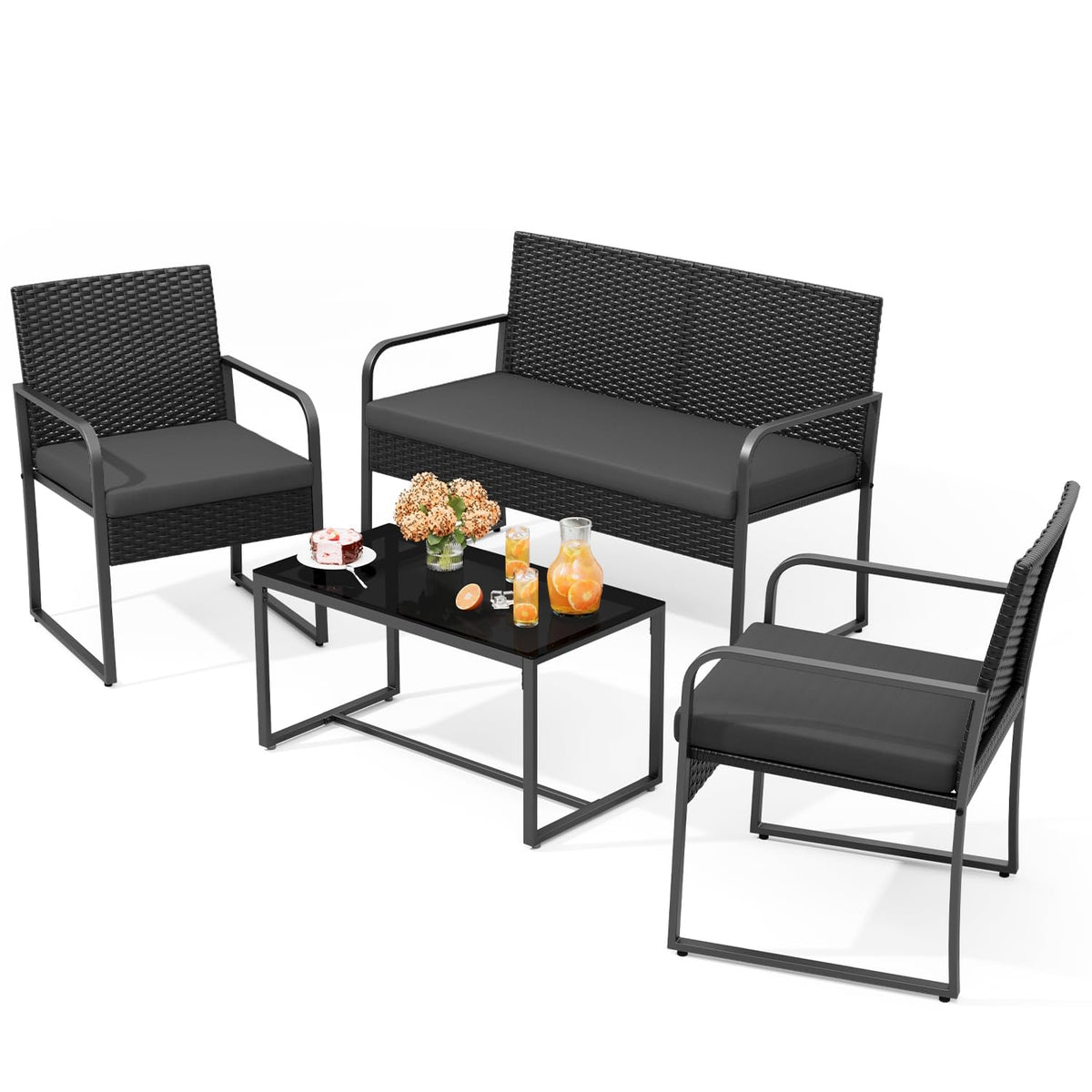 Gizoon Black Wicker Conversation Set with Glass Coffee Table