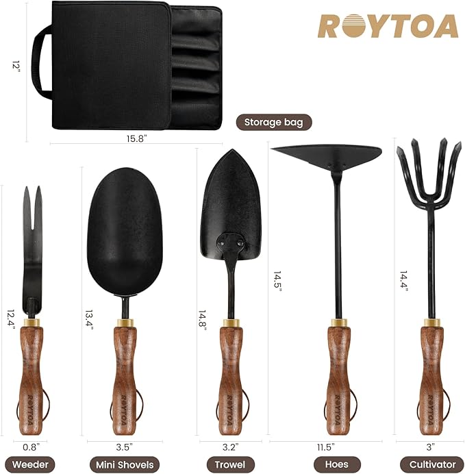 Garden Tool Set, 5PCS Gardening Tools, Stainless Steel Heavy Duty Hand Cultivator, Hoes, Shovel, Trowel and Weeder with Ergonomic Walnut Handle, Gardening Gifts for Women