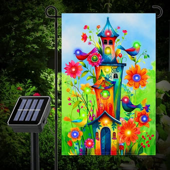 Bird Lighted Garden Flag for Outside, Led Solar Yard Flag 8 Modes Floral Bird Flag, 12x18 Double Sided House Decorations for Home Porch (Stand Not Included)