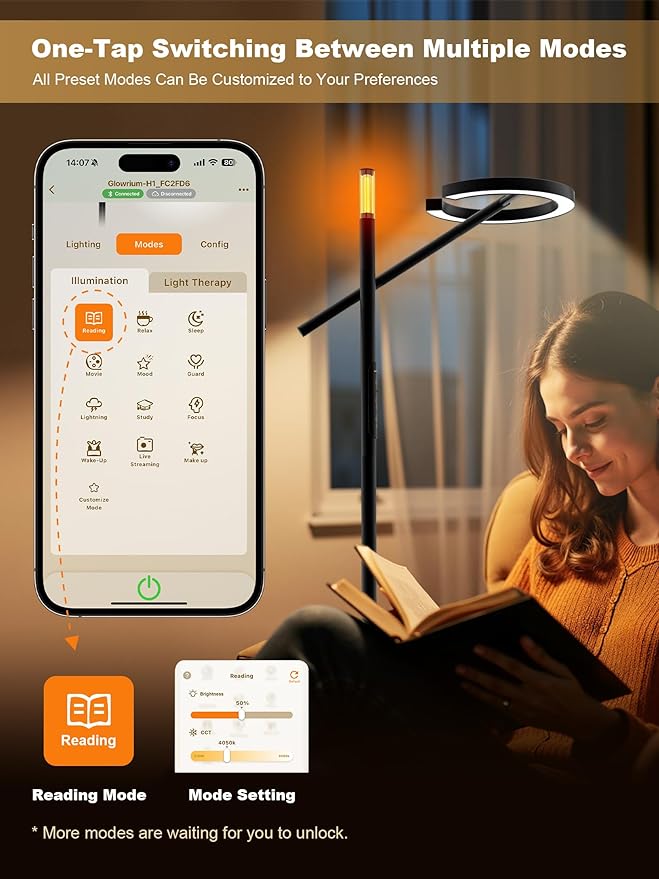 GLOWRIUM Smart Light Therapy Lamp, 10000 Lux UV-Free Sun Lamp, 2700-6500K Floor Lamp Therapy Light, Stepless Dimmable Energy Sunlight with App & Remote, Timer, Cozy Light Settings for Winding Down