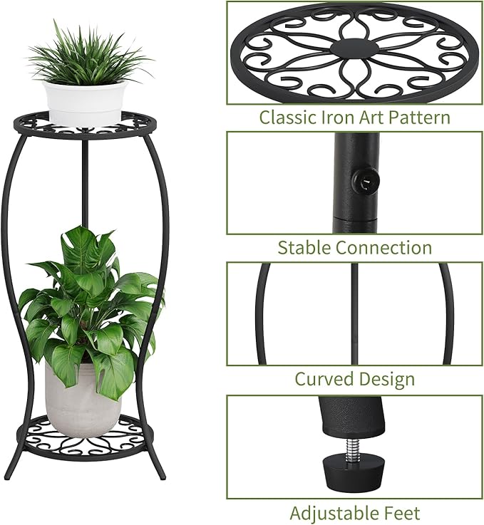 Plant Stand Indoor Outdoor, 2 Tier Metal Potted Holder Stand, Flower Pot Stand, Heavy Duty Plant Supports Rack, Corner Plant Shelf Rustproof for Planter Garden Balcony Patio Living Room (Black, 2 Tier)