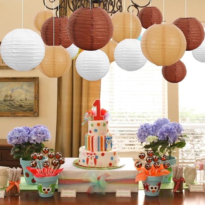 BEISHIDA 16 Pcs Brown Mix Paper Lanterns,Hanging Decorative Chinese Japanese Round Paper Lantern Lamp for Bachelorette Party Father's Day Retirement PartyDecoration