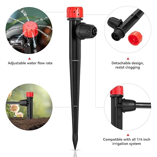 Drip Irrigation Emitters for 1/4" Drip Irrigation Tubing - Adjustable 360 Degree Water Flow Drippers on 5" Arrow Stake (25pcs Drip Emitters with Lock Barbed)