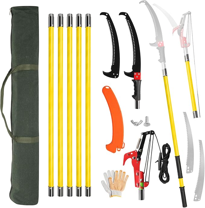 Outvita Manual Pole Saw, 24 Feet Extendable Tree Pruner with Knives and Storage Pocket, Sharp Steel Blade and Scissors High Branches Trimming for Pruning Palms and Shrubs(Yellow)