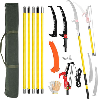 Outvita Manual Pole Saw, 24 Feet Extendable Tree Pruner with Knives and Storage Pocket, Sharp Steel Blade and Scissors High Branches Trimming for Pruning Palms and Shrubs(Yellow)