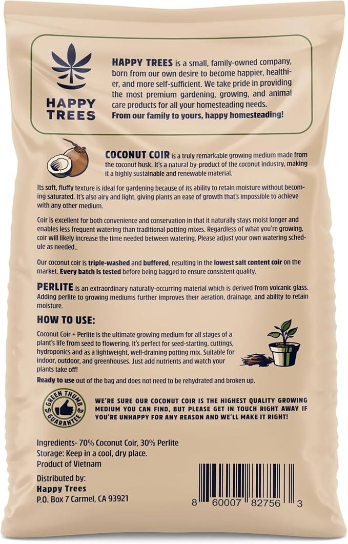 Happy Trees Coco Coir and Perlite Growing Medium, Potting Mix, Seed-Starting, Premium Quality Triple-Washed for Low Salt/EC, pH Balanced Loose Coconut Fiber, Peat-Free, 9 Quarts (10L)