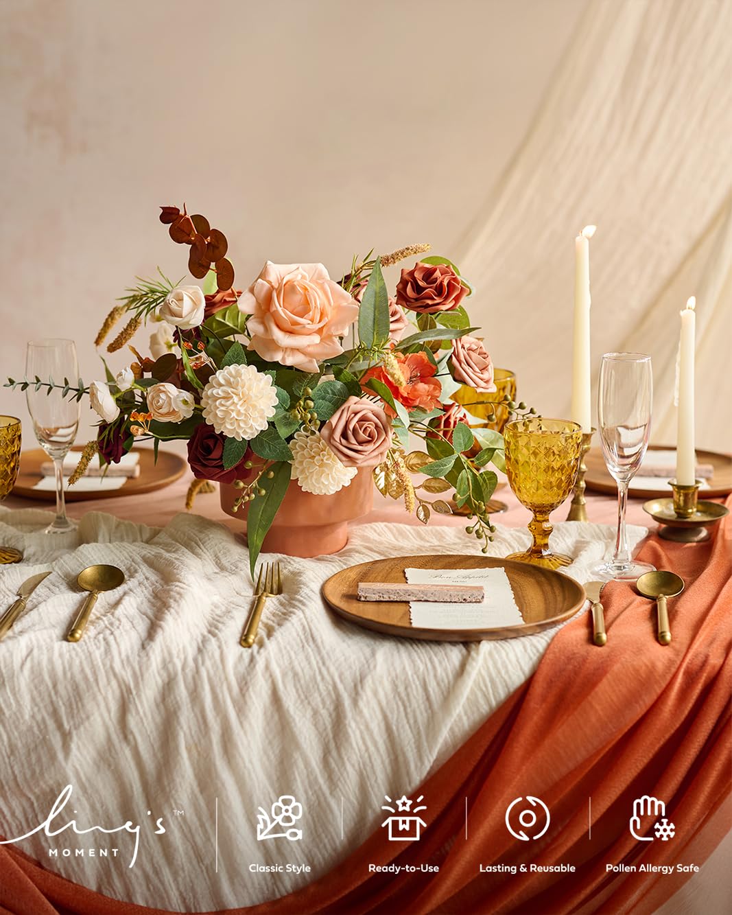Ling's moment Fake Flowers Box, Dusty Rose & Orange Grand Combo