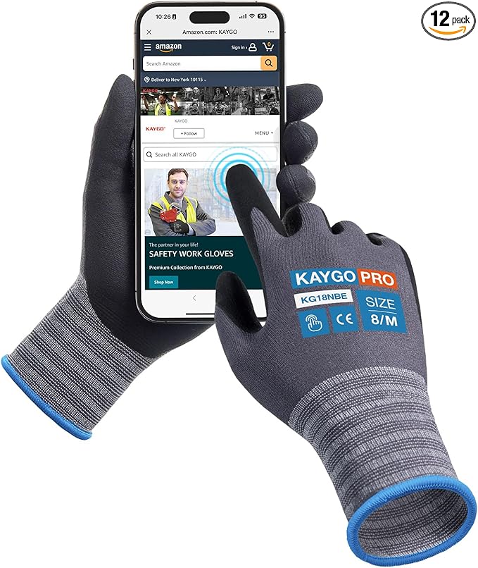 KAYGO Safety Work Gloves MicroFoam Nitrile Coated-12 Pairs KG18NB,Seamless Knit Nylon Glove with full fingers Touchscreen, Ideal for General Purpose,Automotive,Home Improvement, Black,M