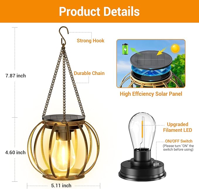KOOPER Solar Lanterns Outdoor Waterproof, Upgraded Bronze Metal Hanging Solar Lights Outdoor Lanterns, Brighter Auto On/Off Outdoor Hanging Lantern for Yard Patio Pathway Porch Garden Decor 2 Pack