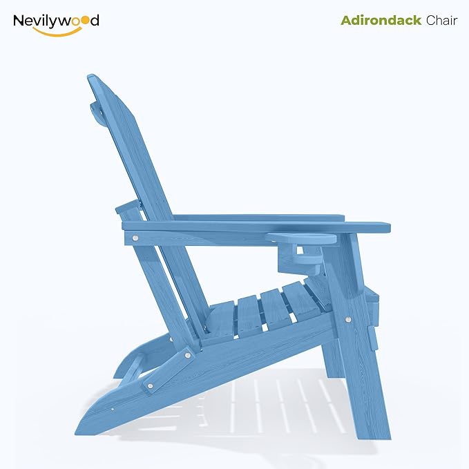 nevilywood Folding Adirondack Chair with Cup Holder,All-Weather Adirondack Chair,Patio Chair,HDPE-Wooden Textured Lawn Chair- Light Blue