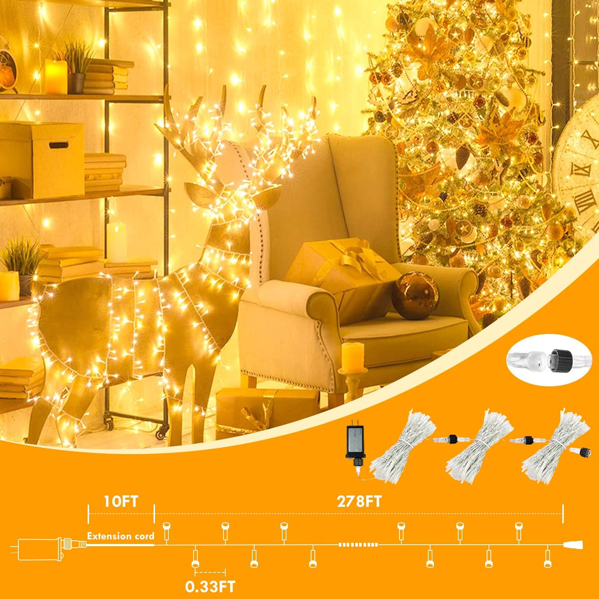 288FT 800LED Extra-Long String Lights Indoor Outdoor Clear Wire, Warm White Christmas String Lights, Plug in Twinkle Fairy Light With Timer and Memory For Wedding Patio Tree Yard Christmas Decorations