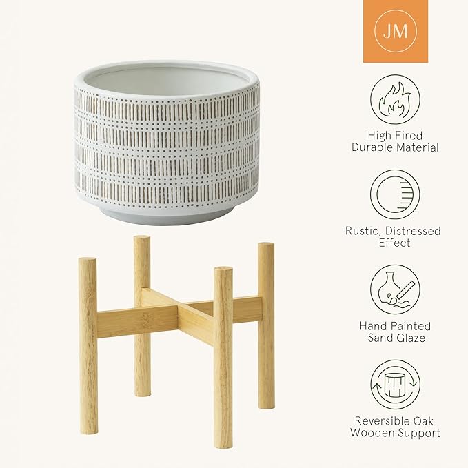 LA JOLIE MUSE Ceramic Plant Pot with Wood Stand - 9.4 Inch Modern Round Decorative Flower Pot Indoor with Wood Planter Holder, Beige & White