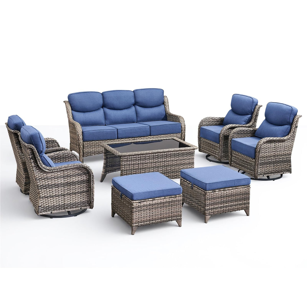 Luxury 8 Pieces Outdoor Patio Furniture Set-All Weather Wicker Swivel Rocker Patio Chairs with 6" Thick Cushion Rattan Sofa Coffee Table, Outdoor Conversation for Garden Porch Backyard(Grey/Blue)