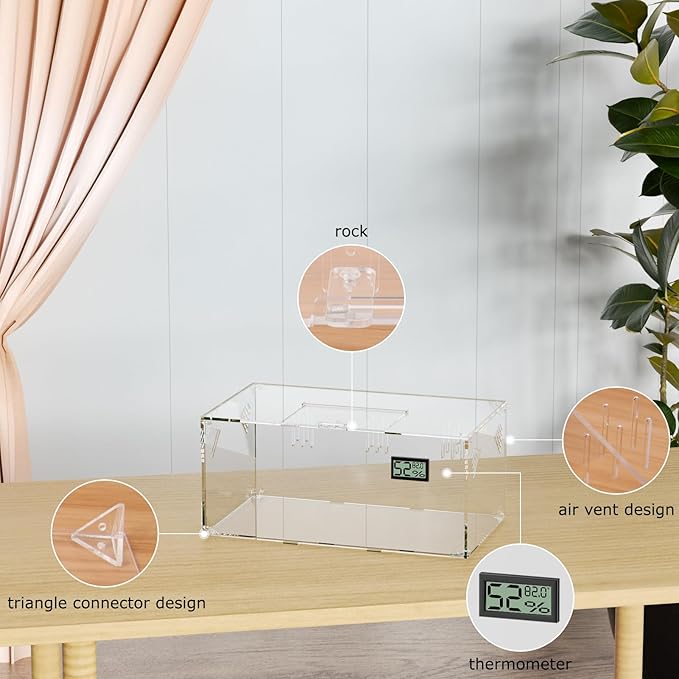 Giznzg Acrylic Tarantula Enclosure, Reptile Terrarium Breeding Tank w/Temperature Hygrometer,Habitat Reptiles Feeding Box Isopod Terrarium Cage for Insect Lizard Home Office (Reptile-Tank-S(No Tray))