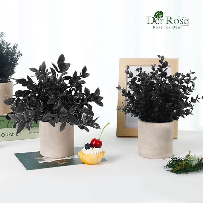 Der Rose 3 Pack Black Fake Plants Artificial Eucalyptus Plants Topiaries for Halloween Decorations Bathroom Accessories Home Office Desk Farmhouse Room Table Shelf Decor(Black)