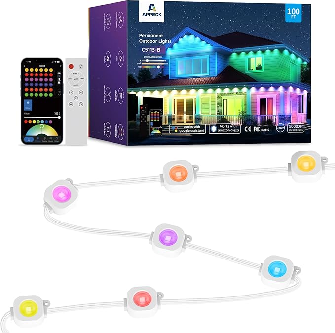 APPECK Permanent Outdoor Lights 100ft,RGBW Eaves Light with 72 LED Lights,111+ Scenes Modes Outdoor Lighting, Waterproof Permanent Light for Daily Holiday Decorations, Works with Alexa,White