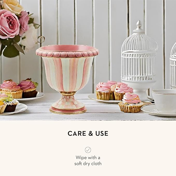 MACKENZIE-CHILDS Pedestal Tabletop Urn, Decorative Centerpiece for Table, Mantel, or Shelf, Small, Pink-and-White Rosy Stripe