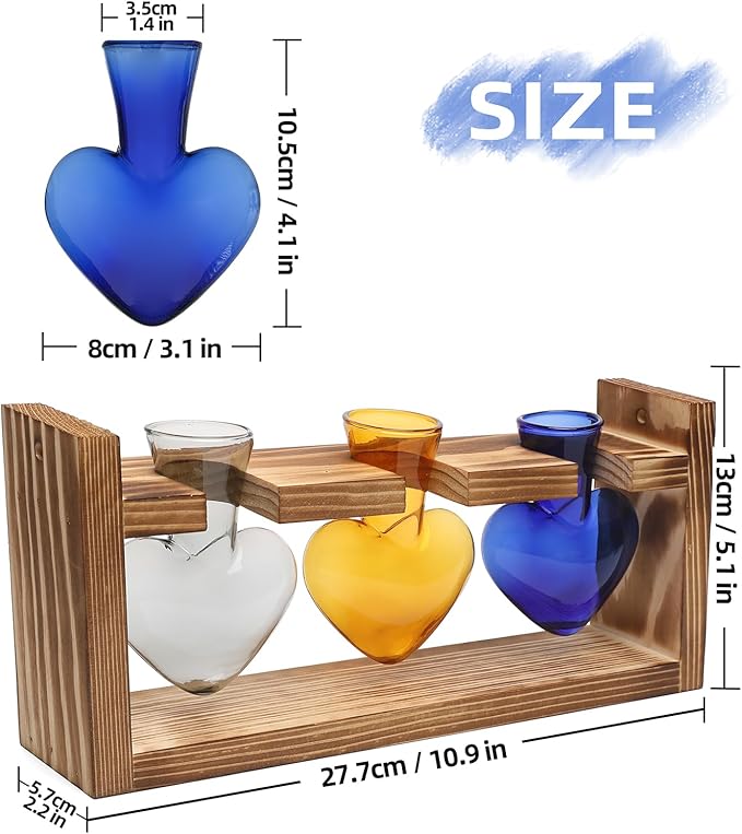 Plant Terrarium Propagation Stations Hydroponics Home Garden Decoration Gift for Women with Wooden Stand Heart Shaped Colored Glass Vase
