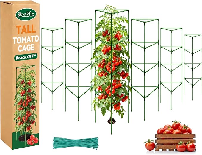 [Upgraded] ZeeDix 57 Inch Tall Tomato Cages for Garden, 6 Pack Large Plant Trellis Support Stakes for Climbing Plants, Heavy Duty Adjustable Tomatoes Cage for Pots, Raised Garden Bed Outdoor Supplies