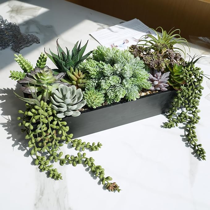 Winlyn 15" Artificial Succulent Arrangement Faux Succulents in Rustic Black Rectangular Wooden Planter Faux Potted Plants for Party Table Centerpiece Mantel Shelf Windowsill Tabletop Greenery Decor