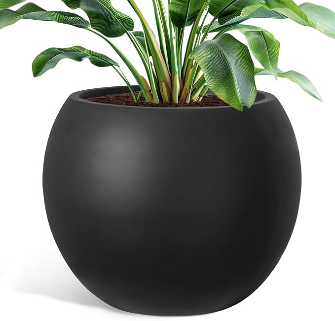 YOLENY 17.7'' Dia Large Round Planter with Drainage Hole, Sphere Planter Outdoor Indoor Plant Flower Pot with Rubber Plug for Garden Patio Balcony Home, Black