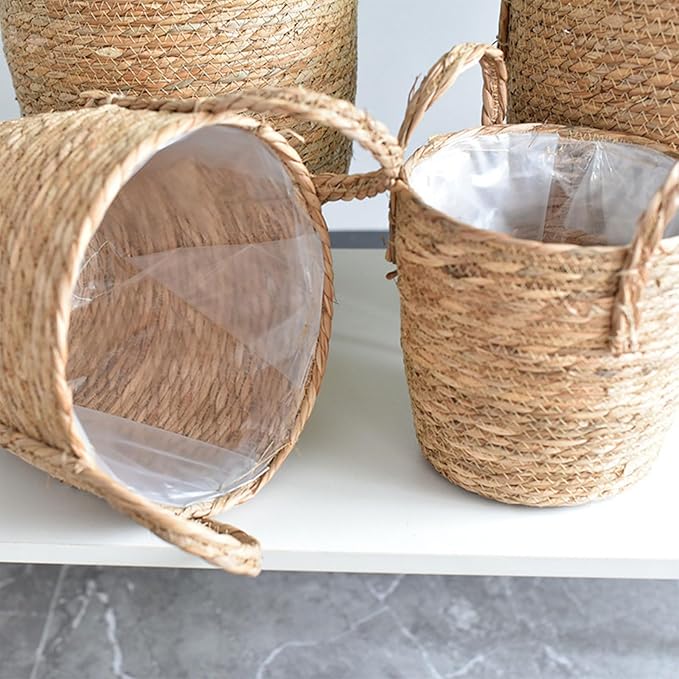 Woven Straw Flower Pot, Sea-Grass Planter Basket, Wicker Rattan Vase Sundries Organizers Storage Bins, Hand Woven Basket Planter with Plastics Liners and Handle - L 8.26x10.63inch
