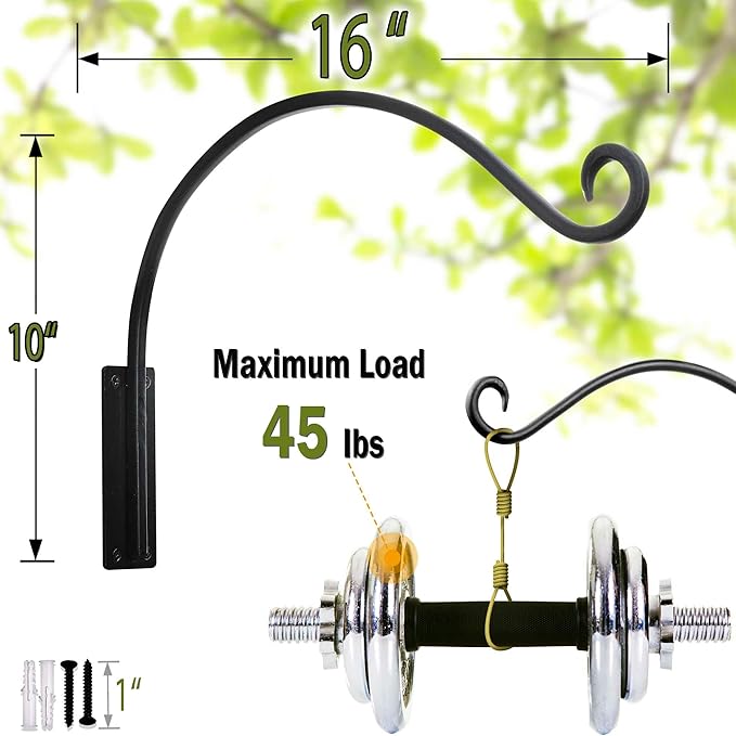 Lifyzoon Heavy Duty Plant Hanger Bracket - 2 Packs 16-Inch Metal Bird Feeder Hangers Outdoor, 45lbs Weight Capacity - Hanging Plant Hooks for Heavy Plant, Birdhouse, Wind Chimes, Flower Baskets