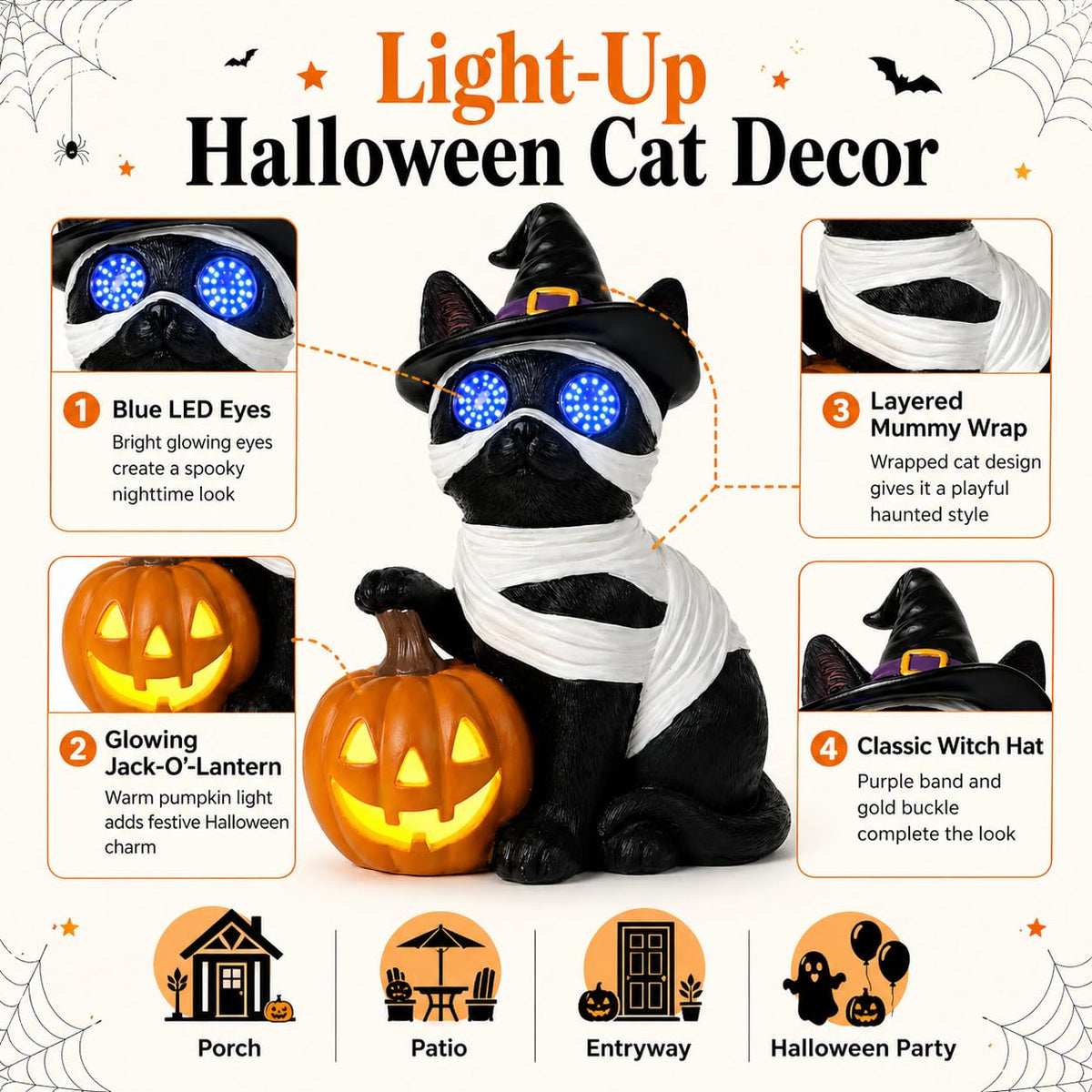 Dawbun Halloween Cat Decorations Outdoor Solar Lights Black Cat Decor for Garden Porch Yard Patio Entryway Animal for Cat Lovers Mummy Cat with Pumpkin LED Eyes Resin Statue 11.1 in