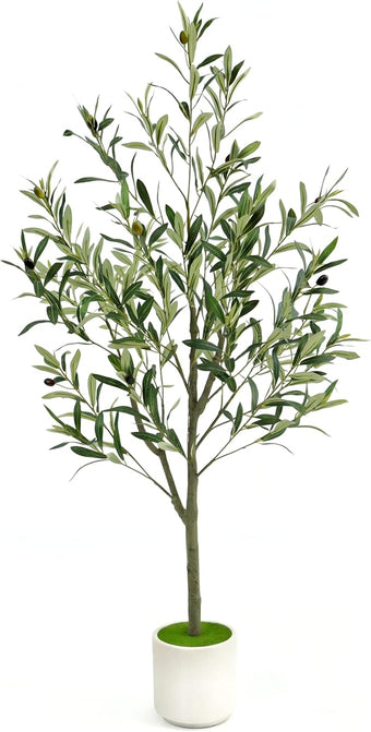 Fake Olive Tree 4ft with White Pot Realistic Trunk and Fruit Faux Olive Tree,Faux Trees Indoor Perfect for Home Office Living Room Décor