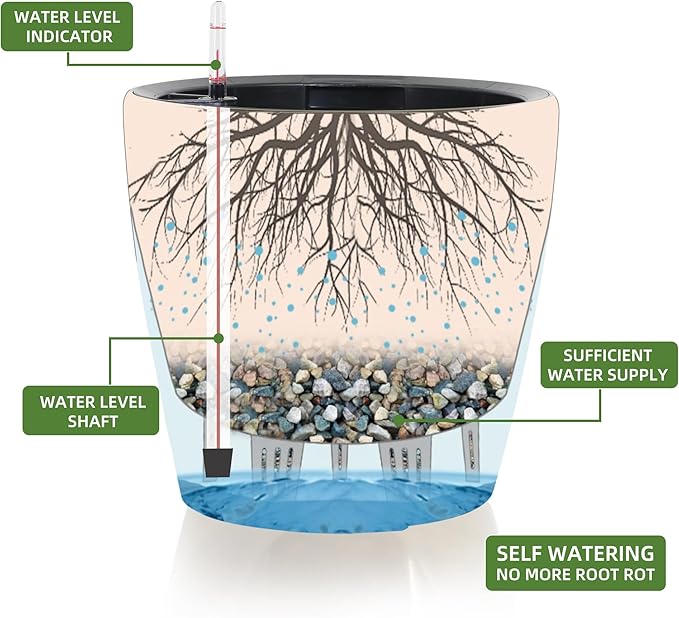 Dexceder 18x17 Self Watering Planter with Wheels Indoor Outdoor, Inner Pot Design, Thickened Large Floor Standing Flower Plant Pot with Water Level Indicator (White Gold Crackle)