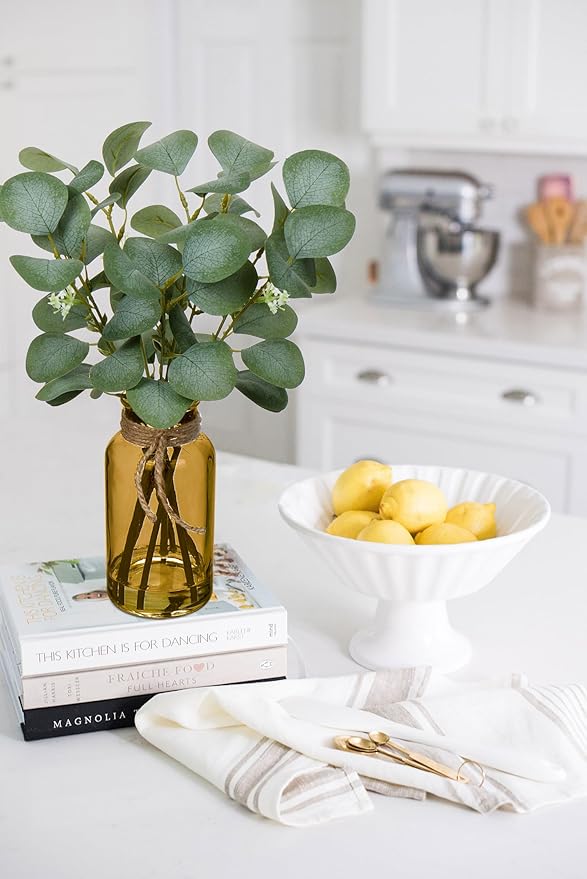Briful Artificial Eucalyptus Stems in Amber Glass Vase with Faux Water, 14" Fake Plant Eucalyptus Leaves for Home Office Farmhouse Wedding Centerpiece Décor