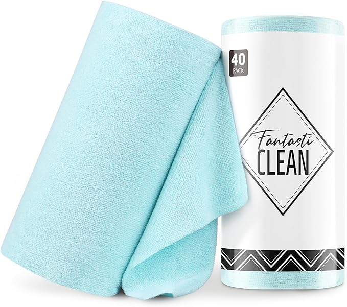 Fantasticlean Microfiber Cleaning Cloth Roll -40 Pack, Tear Away Microfiber Towels, 12" x 12", Reusable, Washable, Scratch Free, Ultra Absorbent Dishcloth for All-Around Cleaning Supplies (Blue)