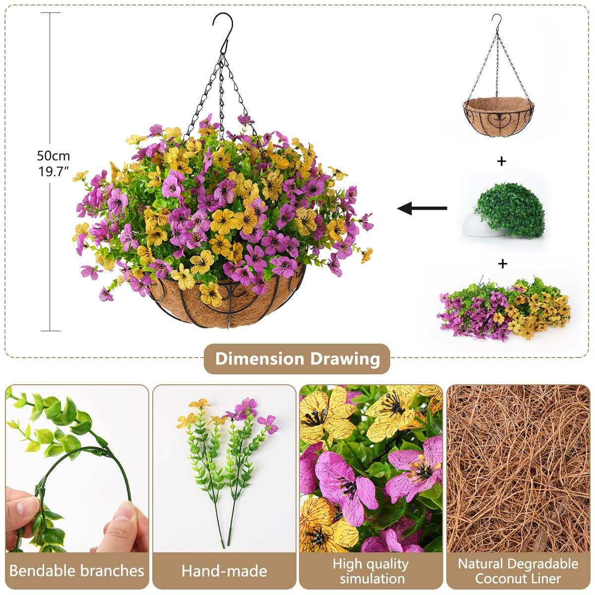 Artificial Hanging Flowers Basket for Outdoor, UV Resistant Plants Daisy