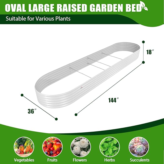 A ANLEOLIFE 8 Pcs 12X3X1.5 ft Oval Extra Large Galvanized Raised Garden Beds Outdoor for Planting Vegetables Flowers Herb, Antique White