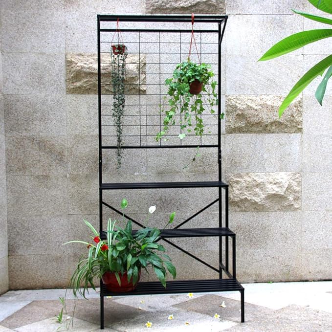 Zhongma 3 Tier Large Heavy Duty Plant Stand with Hanging Plant pot shelf, 35.43 x 33.27 x 78.74, Tall multi layer Plant Holder for Home, Garden, Each Tier: 35.43 L x 10.5W, Easy to Hold Large Plant