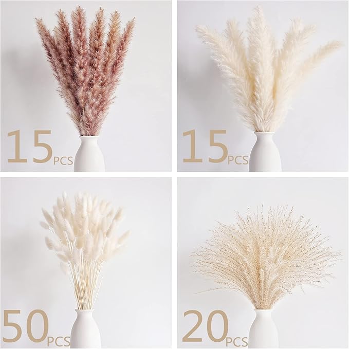 Natural Dried Pampas Grass Decor, 100 PCS Pampas Grass Contains White Bunny Tails Dried Flowers, Reed Grass Bouquet for Wedding Boho Flowers Home Table Decor, Rustic Farmhouse Party (17”)