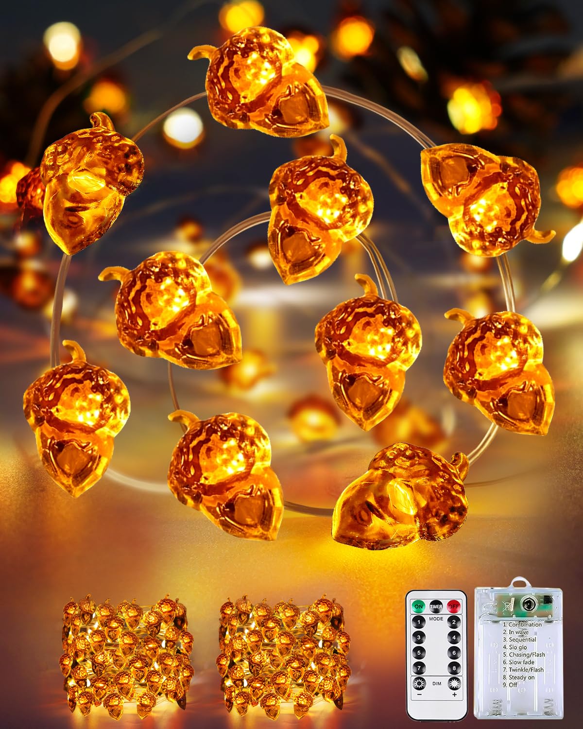 2 Pack 30 LED Acorn Fall Decorations, String Lights Battery Operated Remote