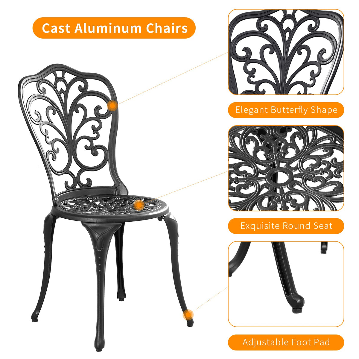 Withniture Patio Bistro Set 3 Piece Outdoor,Cast Aluminum Outdoor Bistro Table and Chair Set of 2 with 1.97" Umbrella Hole,All Weather Bistro Table Set for Front Porch Set(Butterfly Black)