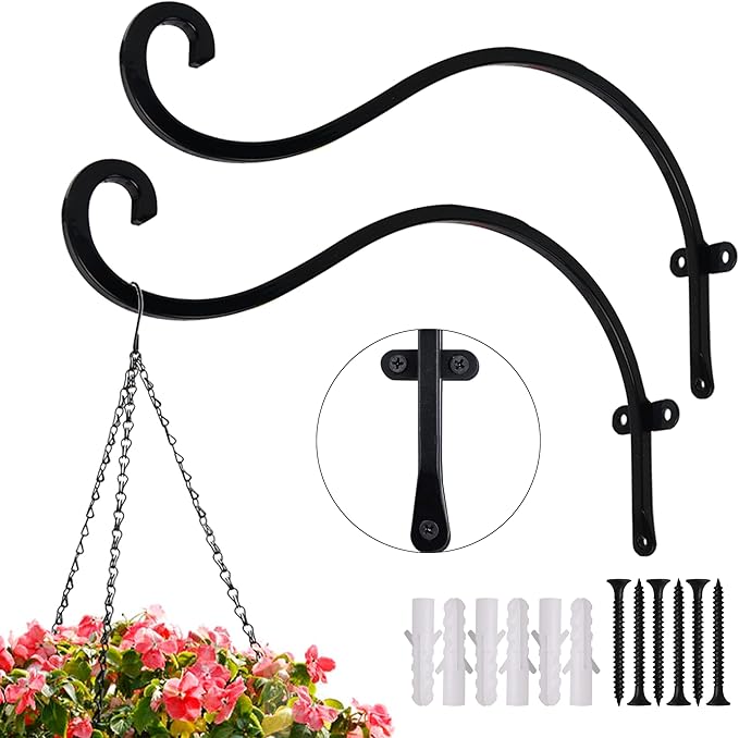 Hourleey 2 Pack Plant Hanger Outdoor, 12 Inch Heavy-Duty Hanging Plant Hook for Outside Basket, Black Metal Wall Mount Plant Bracket Hook for Flower Baskets Bird Feeder