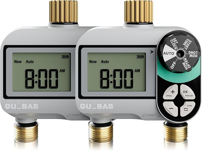 [2 Pack] QUOBAS 2 Zone Water Timer for Garden Hose, Automatic Sprinkler Timer with Dual Outlets, Heavy Duty Brass Fittings, Leak-Free, Programmable, for Lawn Watering and Drip Irrigation System