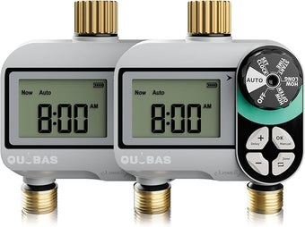 [2 Pack] QUOBAS 2 Zone Water Timer for Garden Hose, Automatic Sprinkler Timer with Dual Outlets, Heavy Duty Brass Fittings, Leak-Free, Programmable, for Lawn Watering and Drip Irrigation System