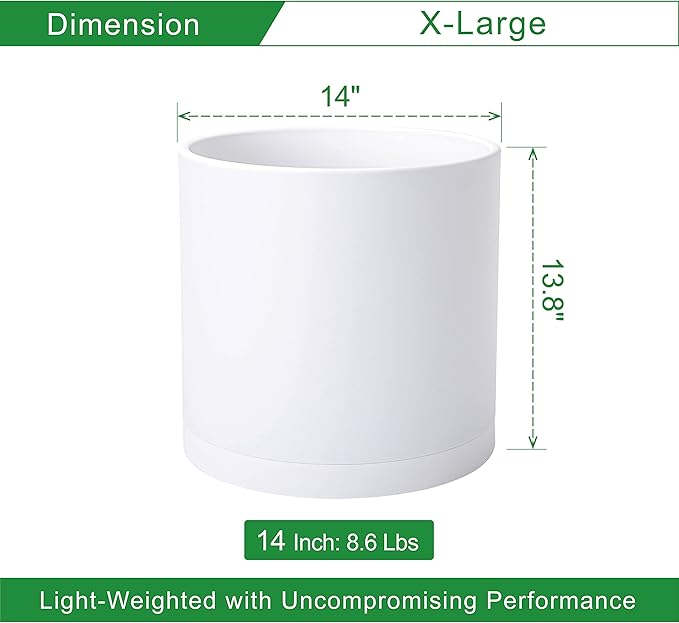 D'vine Dev 14 Inch White Plastic Planter Pots for Plant Pot with Drainage Hole and Seamless Saucers, 74-X-A-4