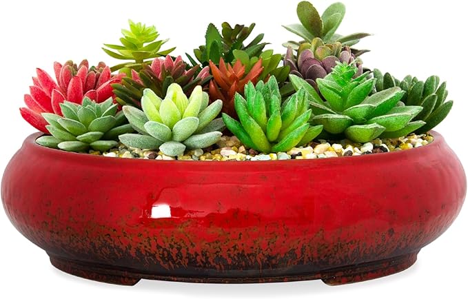 ARTKETTY Succulent Pots - 11.5 Inch Ceramic Bonsai Pots with Drainage, Large Shallow Succulent Planters for Indoor Outdoor Plants, Round Glazed Cactus Flower Plant Container Bowl Home Desk Decor(Red)