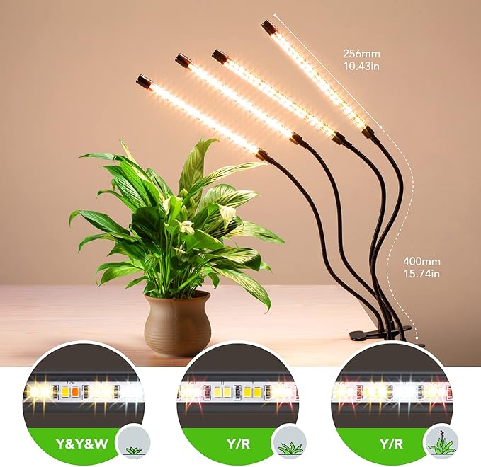 GROWSTAR Plant Lights for Indoor Growing, Full Spectrum 4 Heads Clip Grow Lamps with 10 Feet Cables for Houseplants, Auto On Off Timing 3 9 12Hrs(2 Pack)