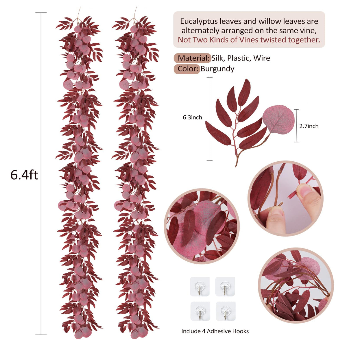 RECUTMS Artificial Silk Eucalyptus Vine Fall Garland with Willow Leaves 2P