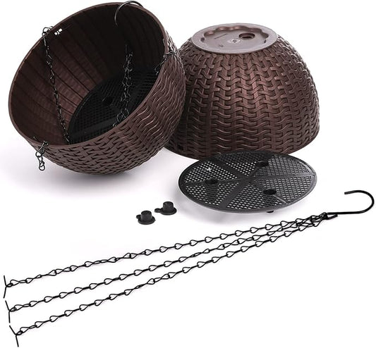 Foraineam 4 Pack 8.2 inch Self-Watering Hanging Planters, Garden Flower Plant Pot Container, Hanging Basket Planter with Drainer and Chain for Indoor Outdoor Use, Coffee Brown