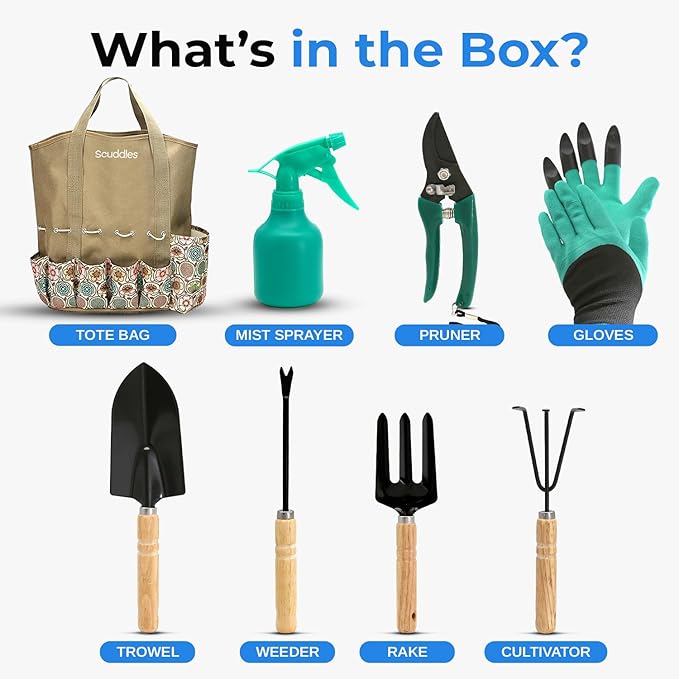Scuddles Heavy Duty Garden Tool Set with Tote Bag – Stainless Steel Gardening Hand Tools with Non-Slip Rubber Handles, Gloves with Claws, and Organizer Storage Bag for Planting, Pruning & Weeding