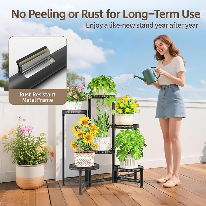 LASZOLA 6 Tiered Folding Tall Plant Stand for Indoor Outdoor Corner, Larger Heavy Duty Metal Adjustable Multiple Rack with 10 Inch Wide Hollow Tray, Flower Planter Holder for Modern House Patio, Black